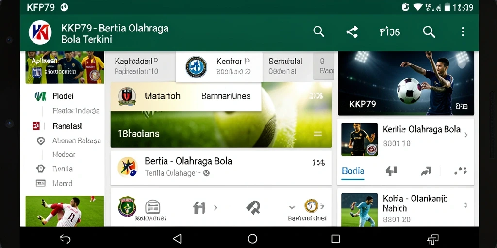 Antarmuka aplikasi KPK79 yang menampilkan berita olahraga bola.